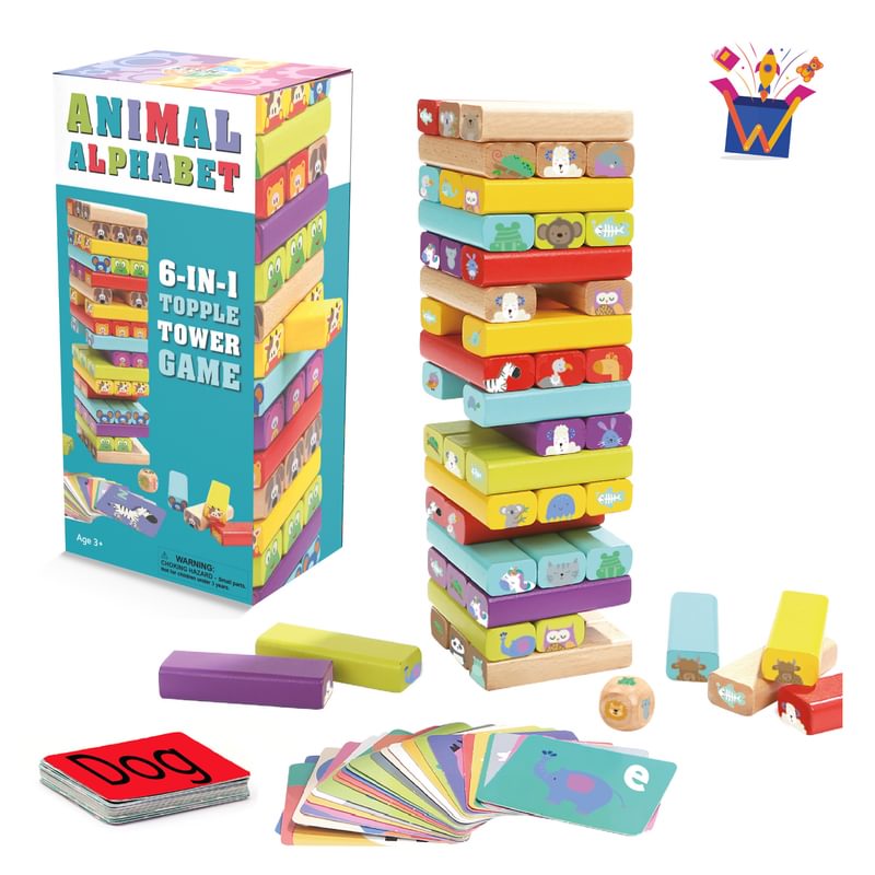 Animal Alphabet - Wooden Topple Tower with 6 Games