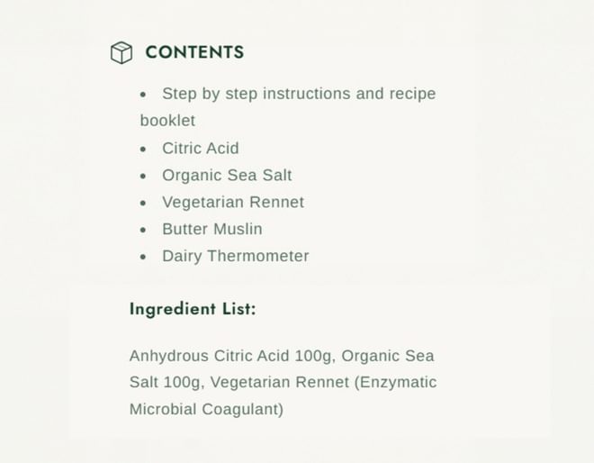 Cheese making kit contents and ingredients